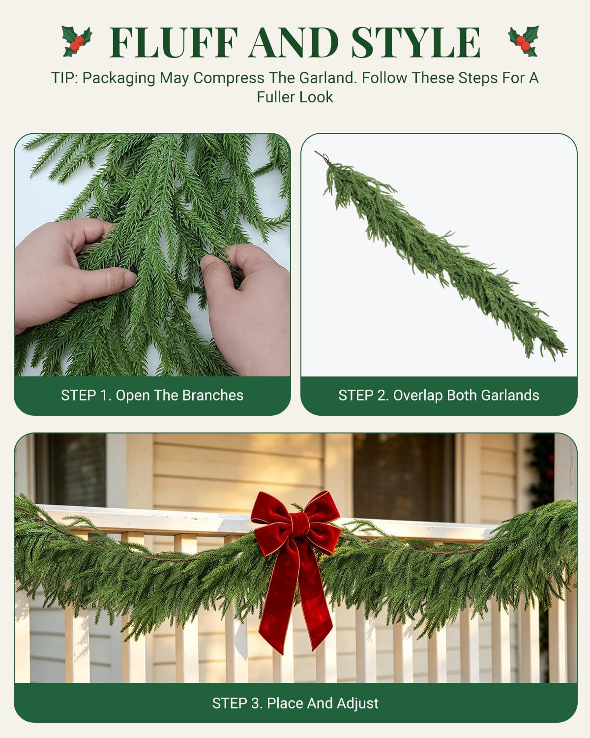 6 ft norfolk pine garlands, real touch christmas, close-up detail