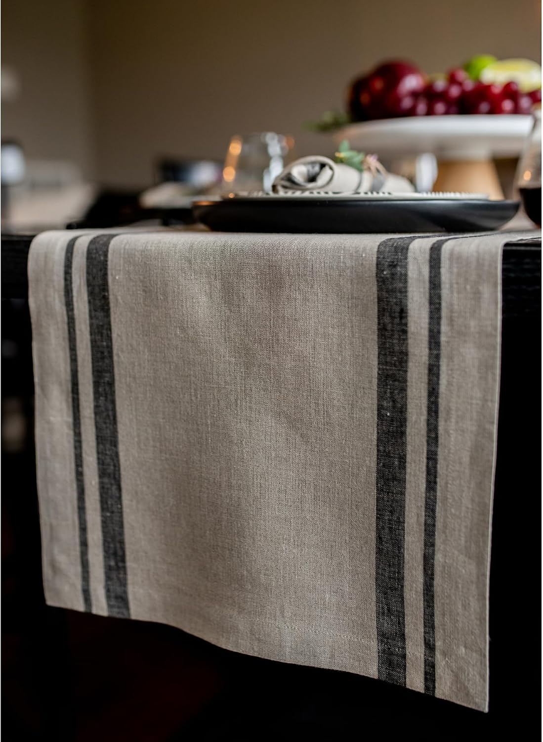 Solino Home 100% Pure Linen Table Runner, 14 x 120 in, Black, French Stripe