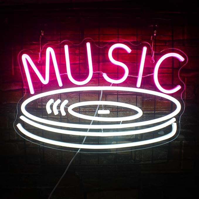 Music Record Neon Sign Pink White Led Neon Light Signs for Wall Decor Usb Light Up Signs for Bedroom Studio Music Live Record Store Kids Room Party Decoration