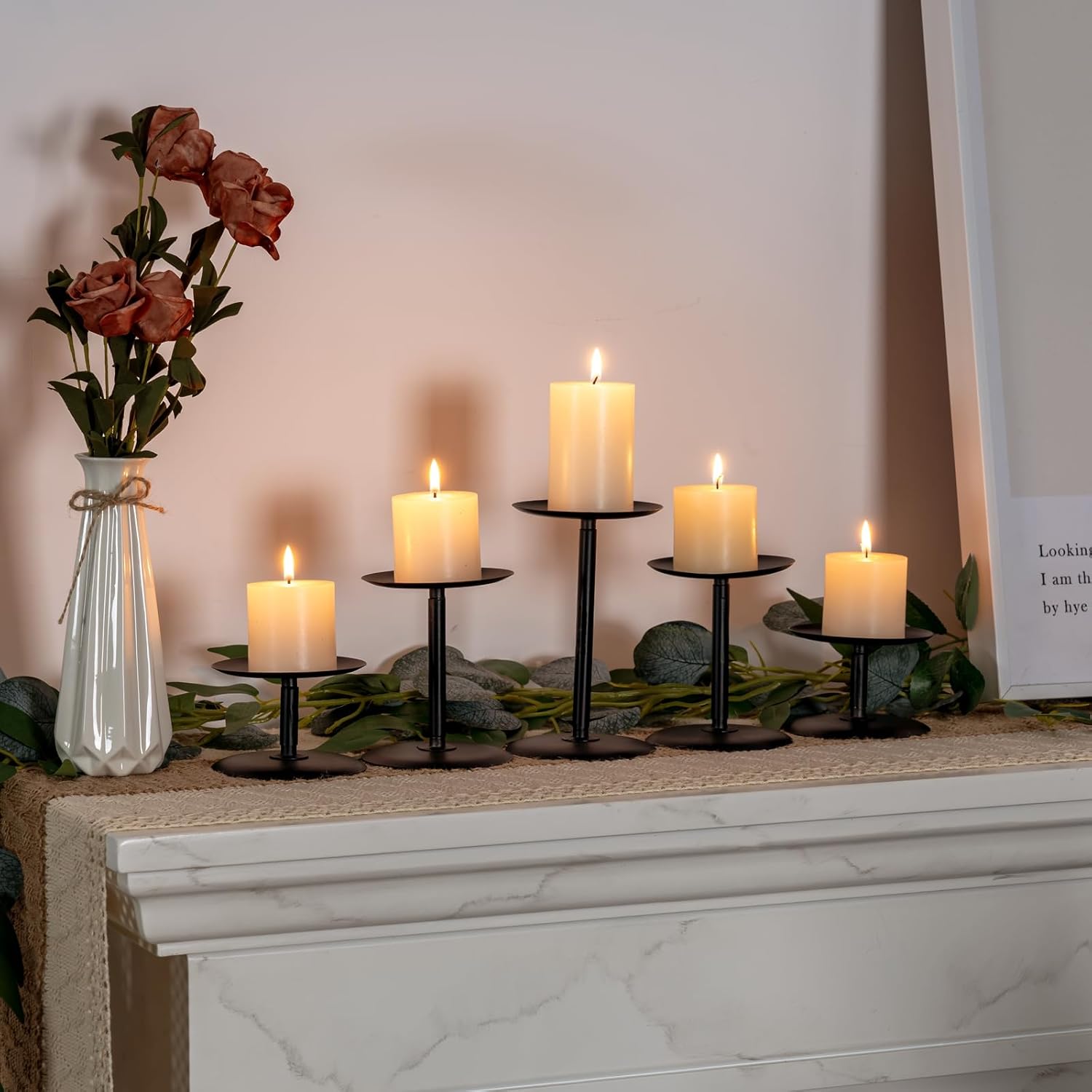 Homemory Christmas Metal Fall Candle Holders Stands for Pillar Candles Set of 5, Candleholder Sets for Table Centerpiece Fireplace (5, Black)