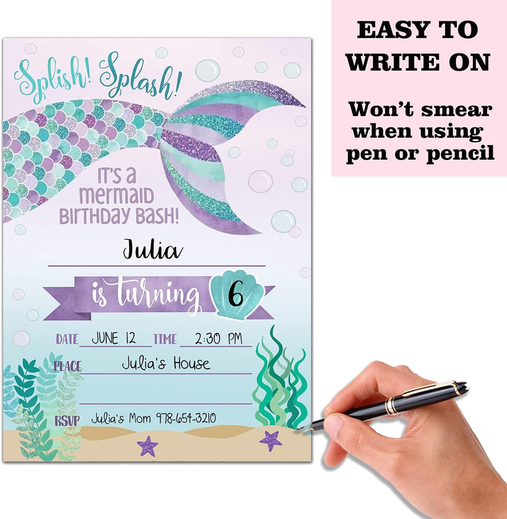 Birthday Party Invitation Cards, Mermaid Party Celebration, Splish Splash It's A Mermaid Birthday Bash Invite, Party Supplies, Favors, 20 Cards With 20 Envelopes – (meiRY03)
