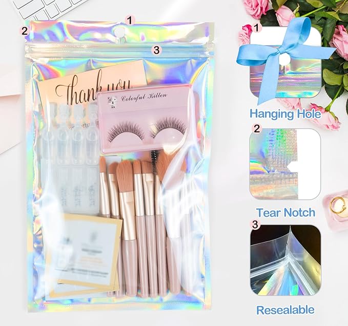 Smell Proof Bags & Resealable Foil Pouch Mylar Sample Bag Great for Party Favor Food Storage (Holographic Color) (50pcs-6x9 inch)
