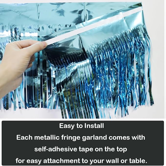 4 Pack Total 40 Feet Foil Fringe Garland Light Blue Metallic Wall Hanging Drapes Tassel Skirting Teal Tinsel Streamers for Parade Float Trailer Mardi Gras Party Birthday Wedding (Turquoise)
