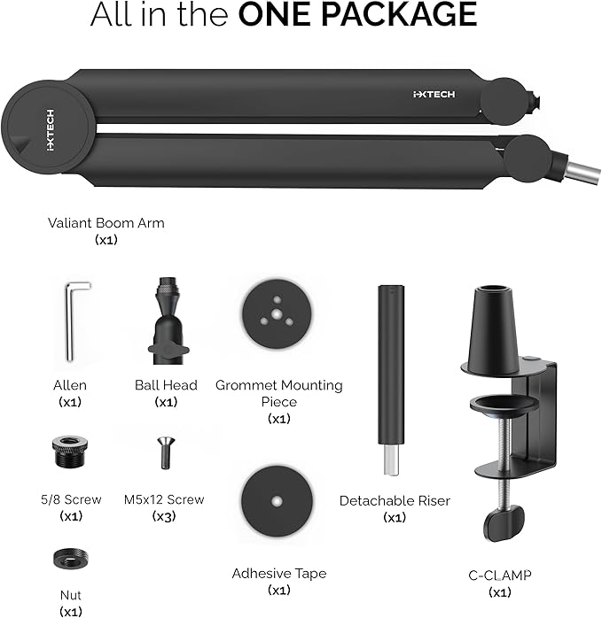 IXTECH Premium Microphone Boom Arm with Desk Mount, 360° Rotatable, Fully Adjustable, for Podcast, Video, Gaming, Radio, Studio, Recording, Sturdy and Universal VALIANT Model