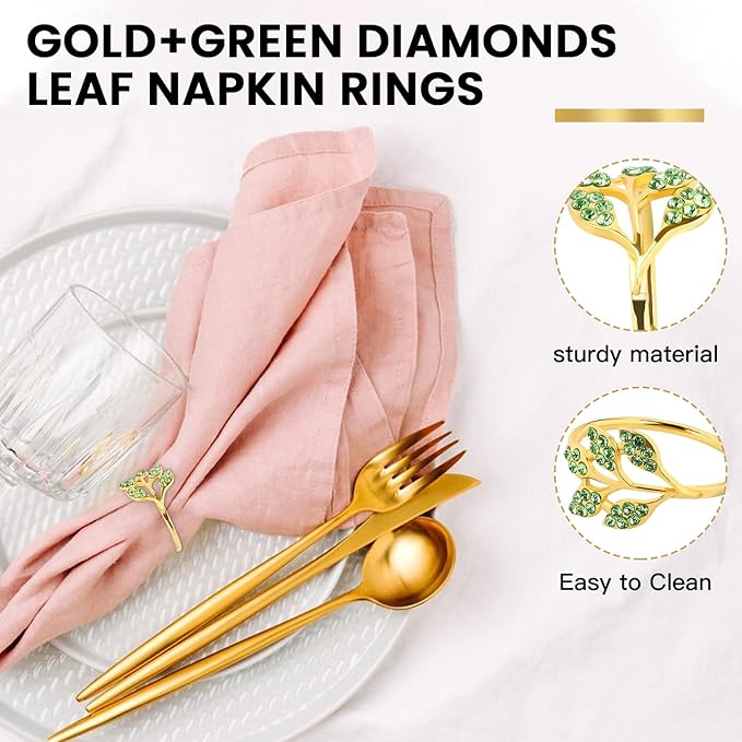 Gold Napkin Rings Set of 10,Napkin Rings Holder Buckles,Thanksgiving Christmas Napkin Ring Alloy Leaf Diamonds Napkin Ring for Dining Table Decor Wedding,Dinner Party Decorations Green Diamonds 10pcs