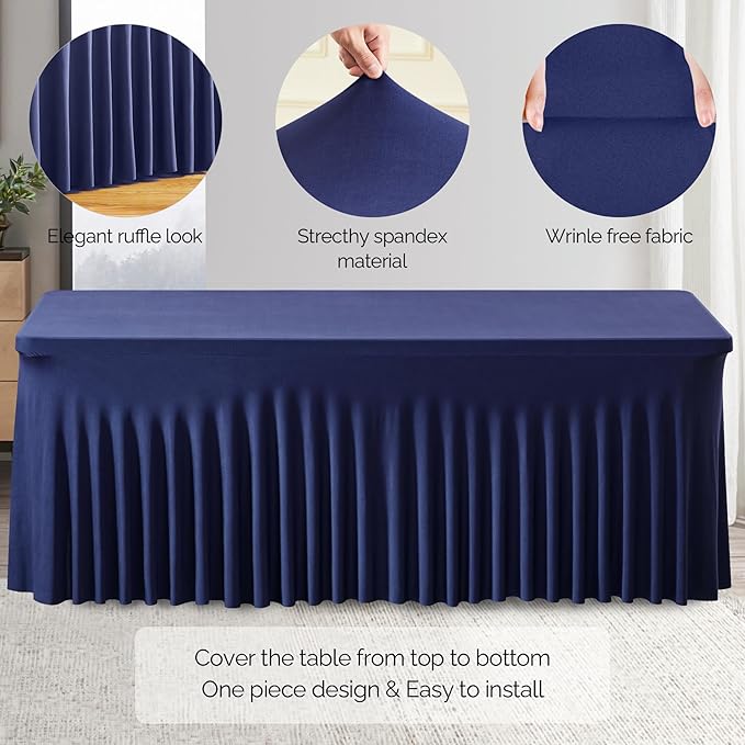 Wish Care 2 Pack Navy Blue Spandex Table Clothes for 8 Foot Rectangle Tables, 8FT Wrinkle Free Fitted Tablecloths Ruffles Design Table Cover for Party, Banquet, Wedding and Events
