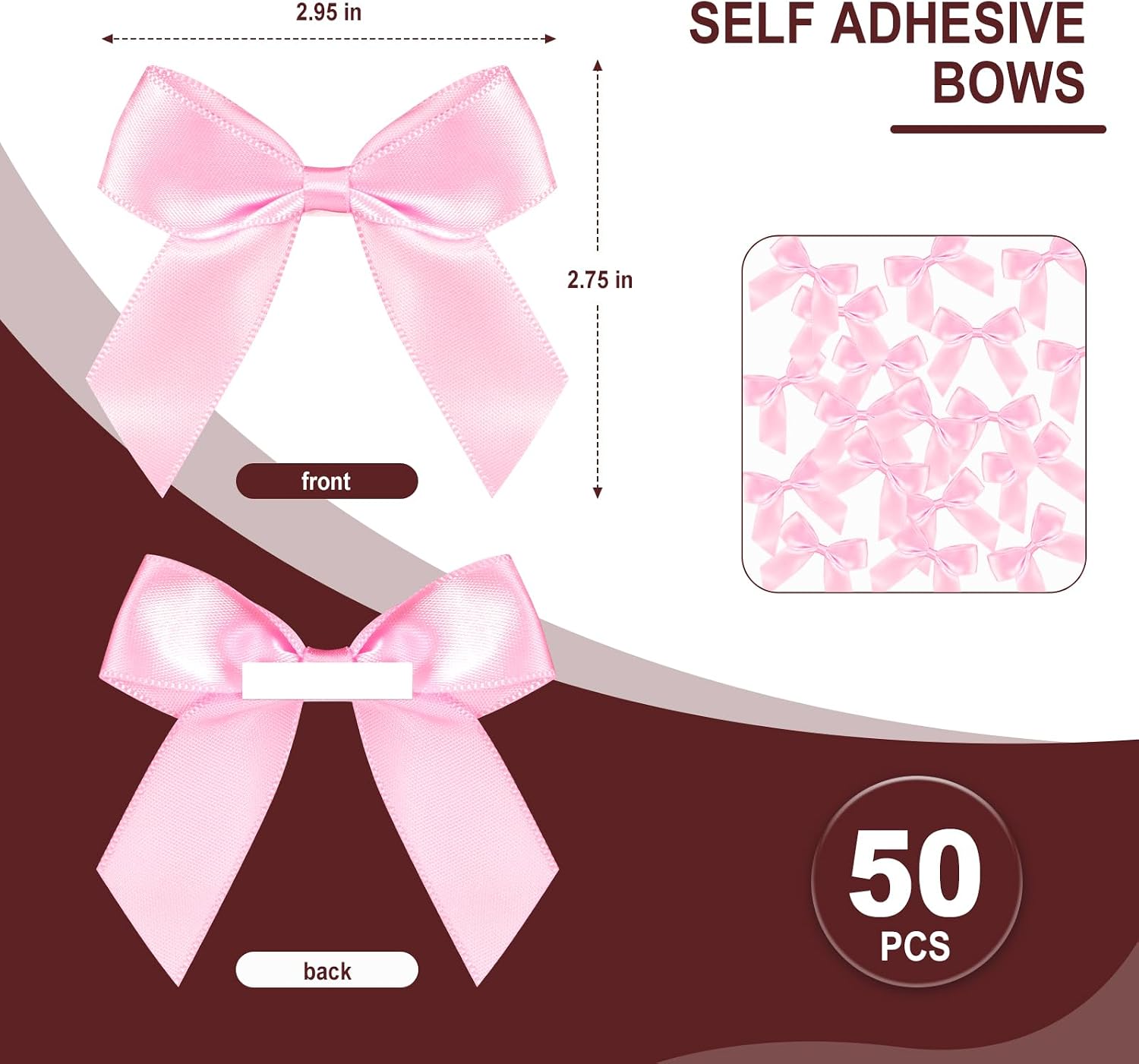 Pink Bow Satin Ribbon for Craft 2" Self Adhesive Premade Mini Bows for Gift Wrapping Crafts, Sewing, Scrapbooking, Weddings, DIY Party Baking Decoration - 50 Counts
