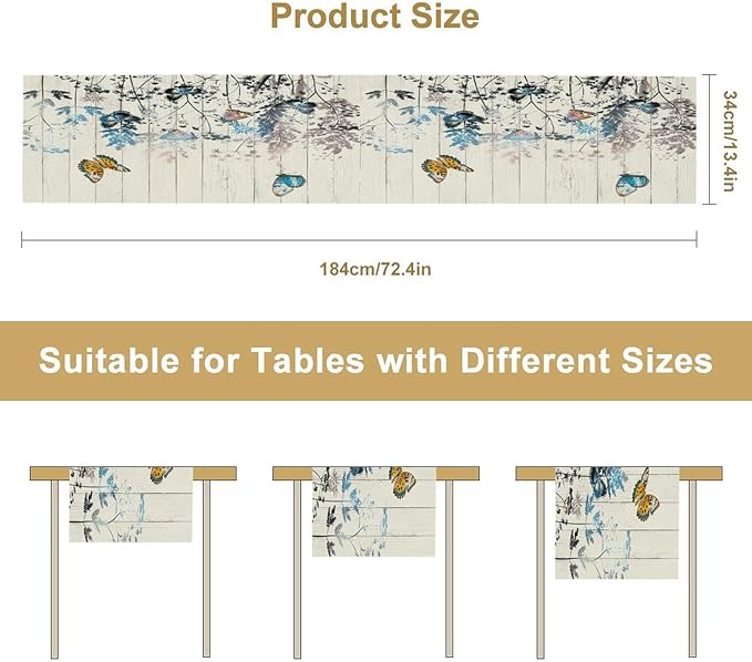 Nature Dandelion Table Runner,Rustic Floral Wood Plank Butterfly Girl Women Pattern Print Burlap Tablecloth for Hotel Indoors Outdoor Dining Room Kitchen Table Decor, 13x36in
