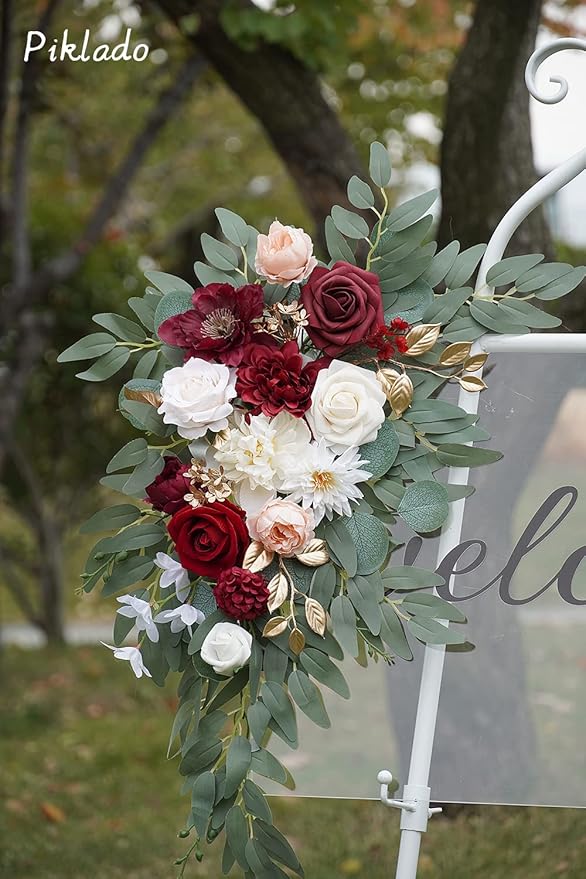 Faux Flower Swag Set of 2 for Wedding Welcome Signs Floral Swag Wedding Reception Ceremony Signs Decor (Red)