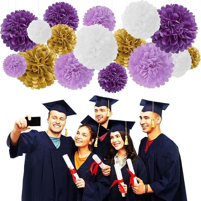 Purple White-Gold Lavender Tissue Pom-Poms - 16pcs Purple Birthday Party Decorations Paper Flowers Garland Wedding Baby Bridal Shower Mothers Graduation Festival Decor Panduola
