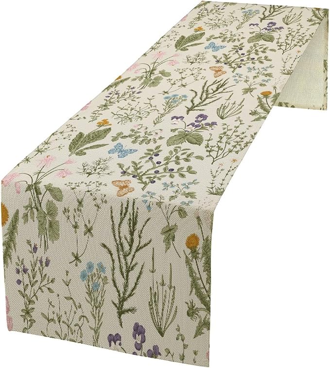 Floral Botanical Table Runner, Garden Spring Flower Botanical Butterfly Animal for Restaurant, Kitchen, Wedding, Party Rectangular Table Runner Decoration,13in（33cm） W * 90in（229cm） L
