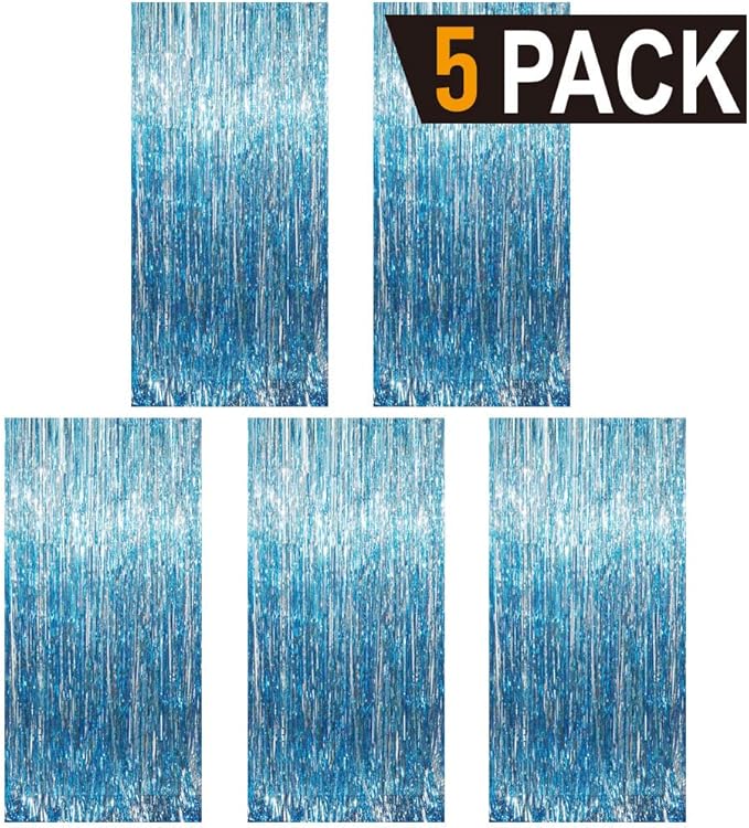 GOER 3.2 ft x 8.2 ft Metallic Tinsel Foil Fringe Curtains Party Photo Backdrop Party Streamers for Birthday,Graduation,New Year Eve Decorations Wedding Decor (Light Blue,5 pcs)