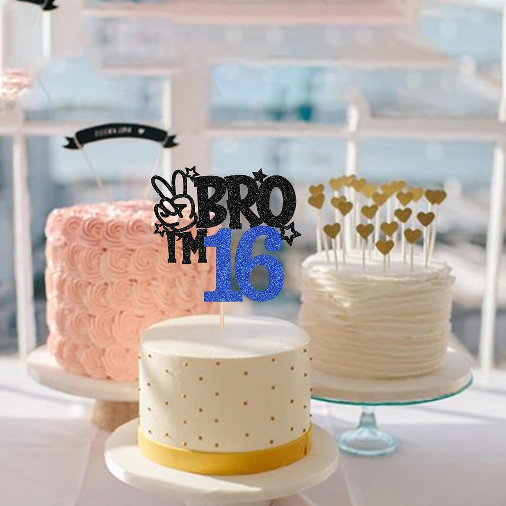 1 PCS Brother I'm 16 Cake Topper Glitter Star Happy 16th Birthday Cake Pick Bro I'm 16 Cake Decoration It's My 16th Birthday Decorations for Boys Cheers to 16 Years Old Birthday Party Supplies Blue