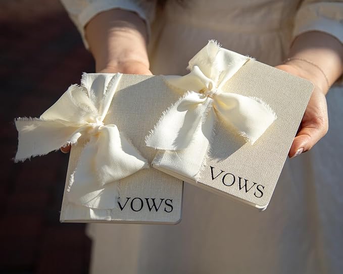 Cream Embossed Slim Vow Books w/Ribbon (Set of 2) - 5.625 x 4 Minimalist Pocket Sized Wedding Ceremony Vow Renewal Speech Notebook Journal
