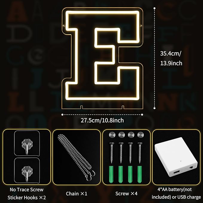 Light Up Letters E, Led Marquee Letter Lights Neon Sign, 13.9" Height Decorative Lighted Alphabet Number, Battery/USB Powered Led Letters Lights for Wedding, Birthday, Party, Christmas or Home Decor