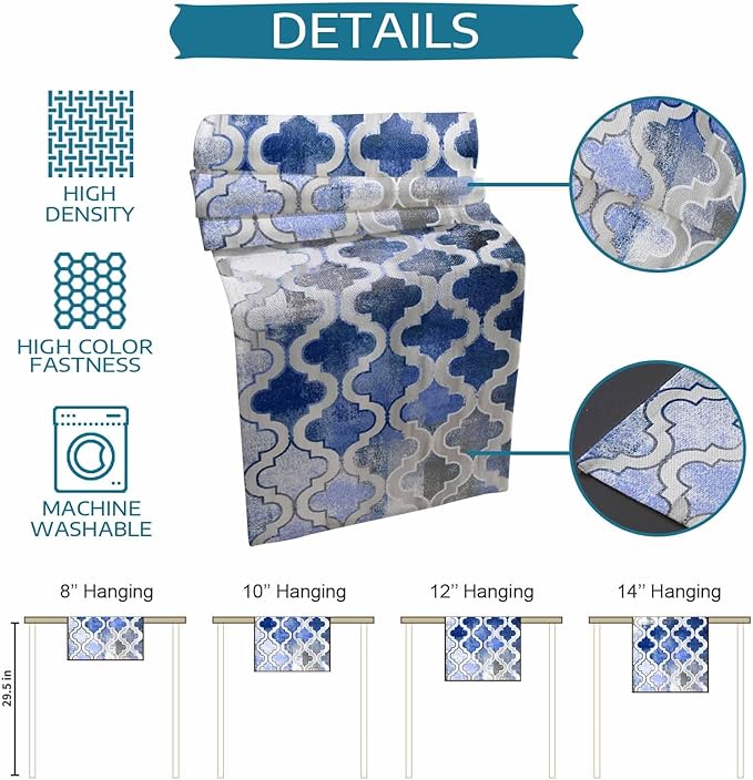 Blue Morocco Plaid Cotton Linen Table Runner for Dining Kitchen, Wedding Outdoor Party Tablerunners Decoration, Distressed Abstract Painted Vintage Dresser Scarf Coffee Tablecloth Runners 13x90 Inches