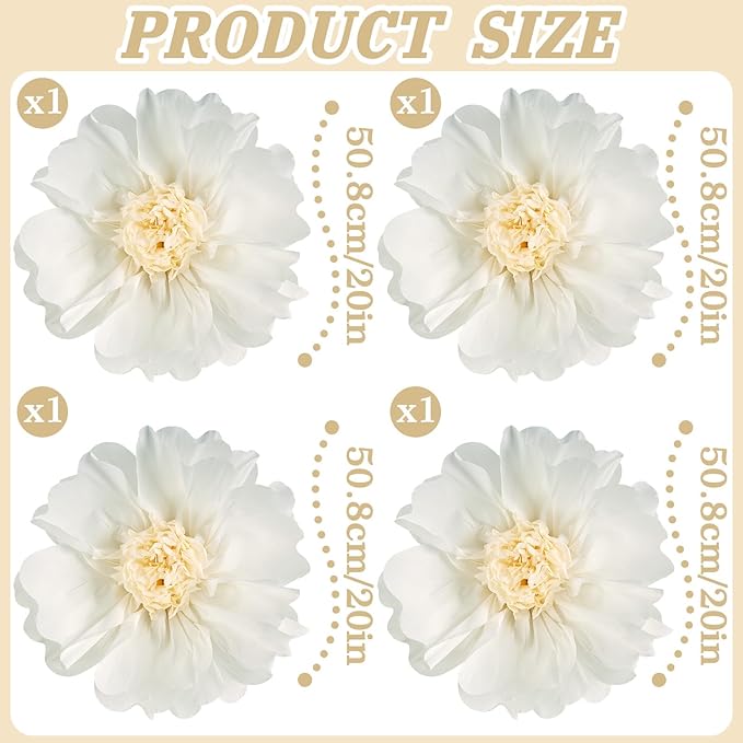 SUNBEAUTY 4 Pcs 20" White Giant Paper Flowers Large Crepe Tissue Artificial Paper Flowers Decorations for Wedding Party Wall Table Birthday Baby Shower Bridal Nursery Room Tea Party Backdrop Decor