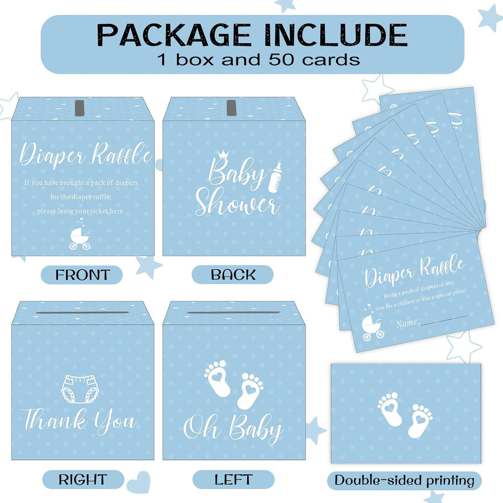 Funrous 51 Pcs Diaper Raffle Box with Tickets for Baby Shower Game Invitations Diaper Raffle Card for Gender Reveal Baby Shower Party Decorations Supplies(Lake Blue)