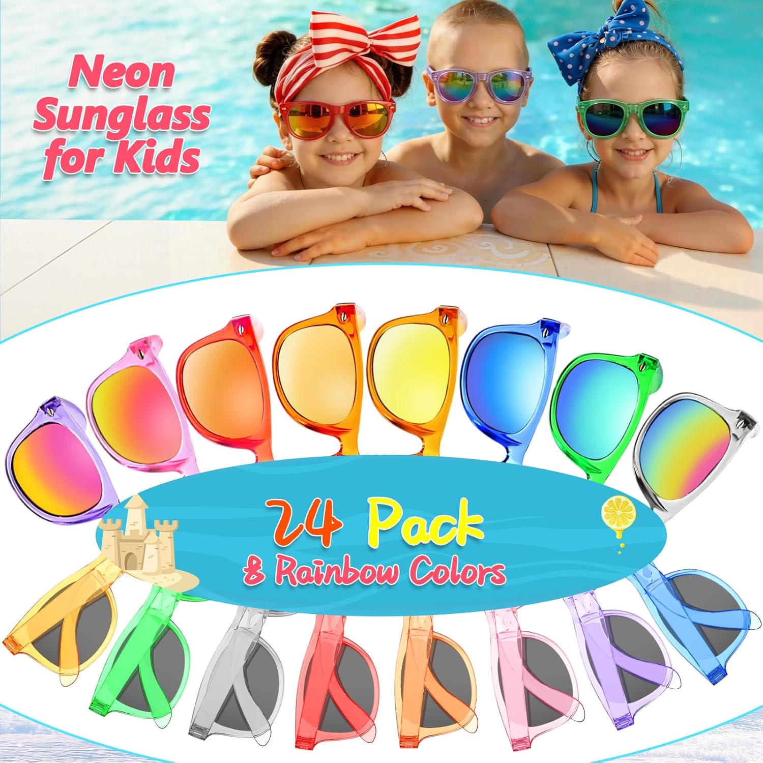Kids Sunglasses Bulk Party Favors - 24Packs Boys Girls Sunglasses for Kids Age 3-8, Neon Sunglass with UV400 Protection, Goodie Bags Stuffers for Kid Birthday Party Supplies, End of Year Student Gifts