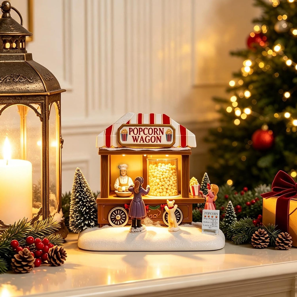 mumtop christmas village house, animated popcorn wagon with showing dimensions