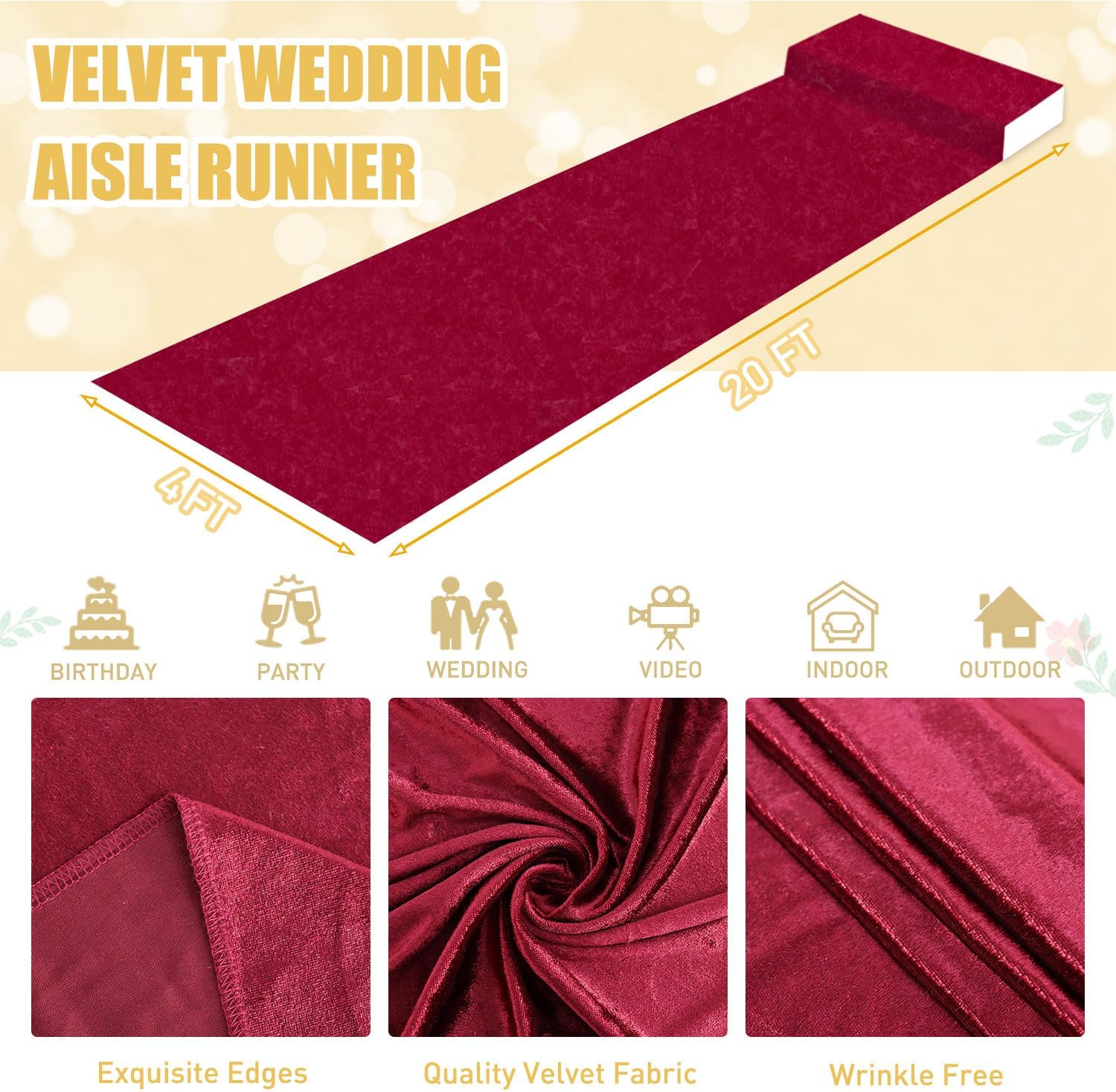 FUHSY Aisle Runner Burgundy Velvet Aisle Runners 4FTx20FT Wedding Aisle Floor Runners for Outside Rustic Rug Runner Maroon Carpet Runner for Party Beach Runway Indoor Outdoor Decorations