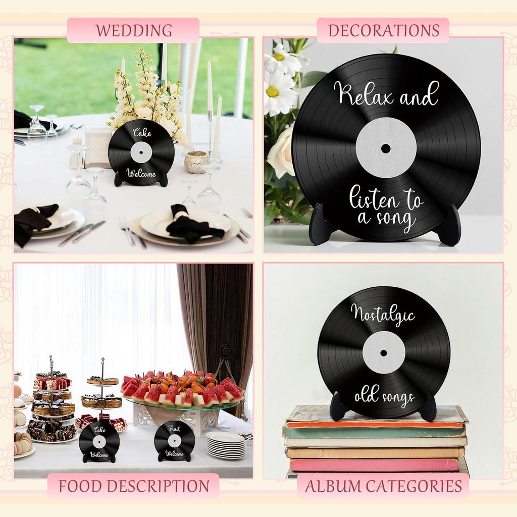 Novabright 20 Pcs Vinyl Record Wood Wedding Table Numbers with Easel Stand Retro Music Wedding Party Decorations for Reception DIY Doodle Fake Records Table Signs with 3 Markers for Souvenir Gifts