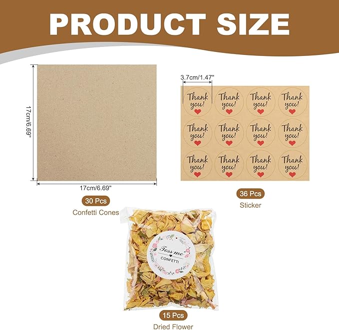 PATIKIL Dried Flower Confetti Cones, 30Pcs Paper Tapers Cone Holder with Dried Rose Petals / Sticker for Wedding Party Engagement Birthday DIY Decoration, Light Yellow/Pink