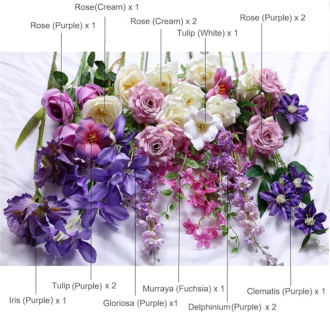 Artificial Flowers Bouquets for Bridal Wedding Home Decor Fake Floral Arrangements for Party Table Centerpieces DIY Silk Flower Set Spring Summer Indoor Outdoor (Combo Purple/White)