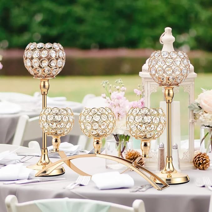 Vincigant Gold Crystal Candle Holders Set of 8 with 4Sets Crystal Candelabra 3 Arm Candlesticks Holder Table Centerpiece,Candelabra Centerpieces for Wedding Party Anniversary Home Living Room Decor