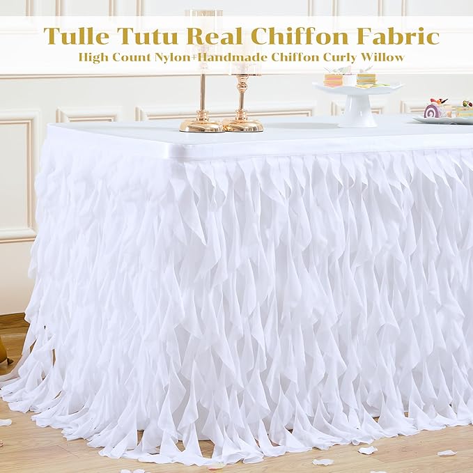 Partisky White Tulle Curly Willow Table Skirt for Rectangle Table 14ft, Ruffle Tutu Table Cloth for Wedding,Bridal Shower, Baby Shower,Birthday Party