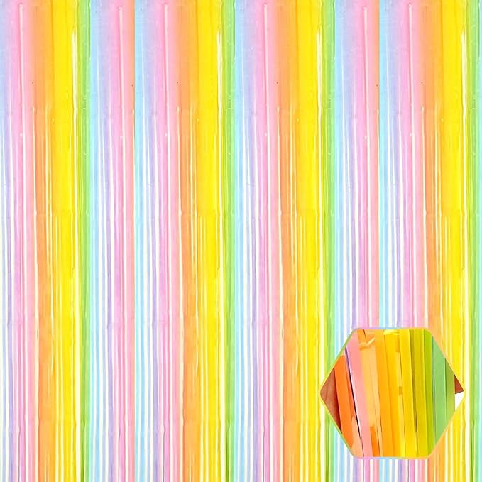 6 Pack Rainbow Foil Fringe Curtain Backdrop, 3.28Ft x 8.2Ft Metallic Tinsel Foil Fringe Streamer Curtains for Photo Booth, Birthday, Wedding, New Year Party Decorations