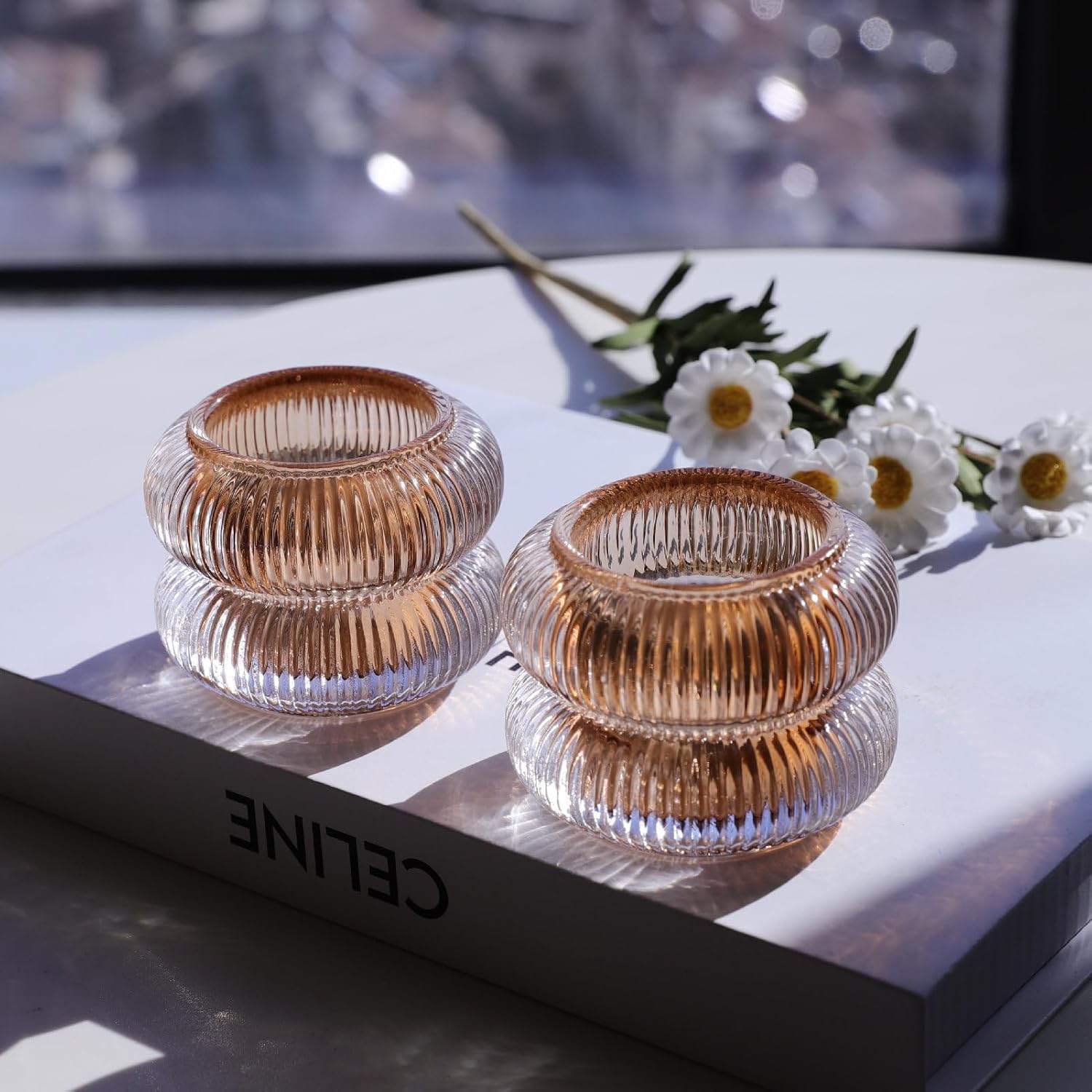 Woho Ribbed Votive Candle Holders Set of 6 for Wedding Table, Amber Tealight Candle Holder Glass for Home Decor, Vintage Tea Lights Candle Holder for Thanksgiving/Fall Decor(Brown, 2.1" H X 2.75" D)