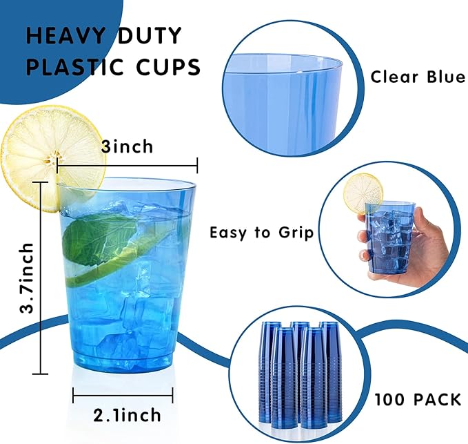 DaYammi 100 Pack Clear Blue Plastic Cups 10 Oz, Blue Cups for Party Disposable Wine Glasses Heavy Duty Disposable Tumblers Drinking Cocktail Glasses for Wedding