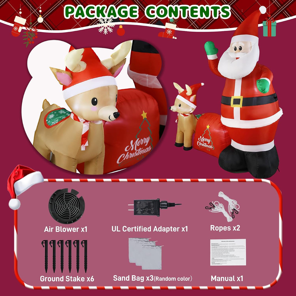 7ft christmas inflatable santa clau built-in led lights, package contents