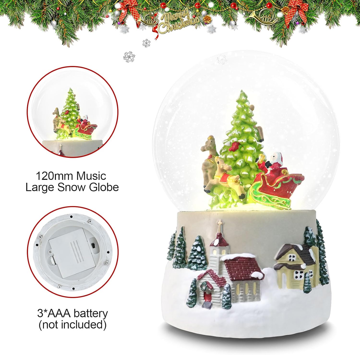 Winter Deer Musical Christmas Snow Globe LED Light Up, Snowflakes Water Globe,120MM 6.7Inch Height Village Water Globe, Valentine's Day Decor, Ideal Gift for Women and Adult.
