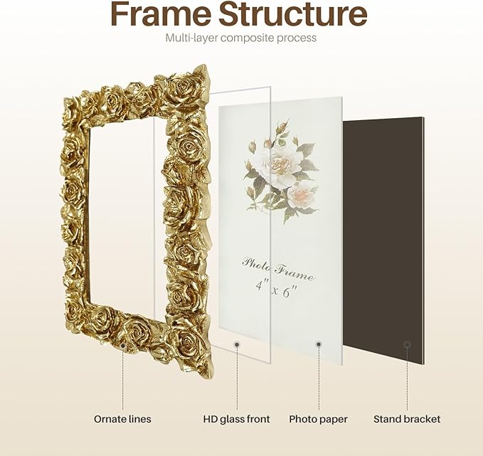 Cuspin Vintage Gold 4x6 Picture Frame, Gold Ornate Rose Flower Resin Photo Frame with Glass Front for Tabletop or Wall Hanging, Antique Picture Frames for Home Office Decor