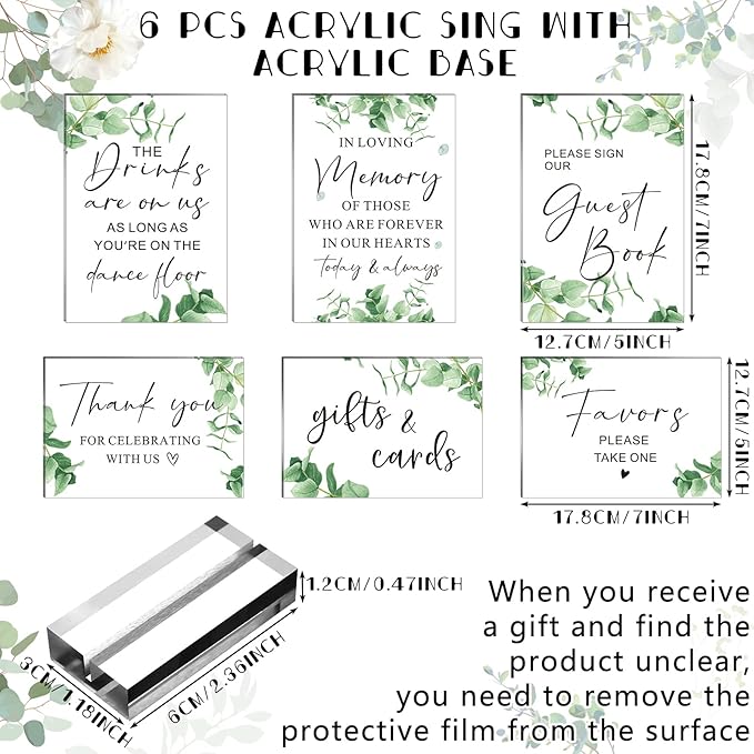 Weysat 6 Pcs Clear Acrylic Wedding Signs for Reception and Ceremony 5'' x 7'' Wedding Signage with Stand in Loving Memory Table Decorations Cards and Gifts Guestbook Reserved Table Sign(Elegant Style)