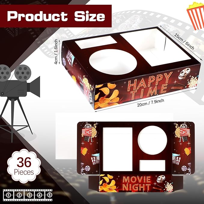 Faccito 36 Pcs Movie Night Snack Trays Movie Theater Snack Boxes Night Supply Disposable Paper Holder Tray for Popcorn Food Candy Drink Party 8 x 6 Inch(Dark Red,Retro Style)