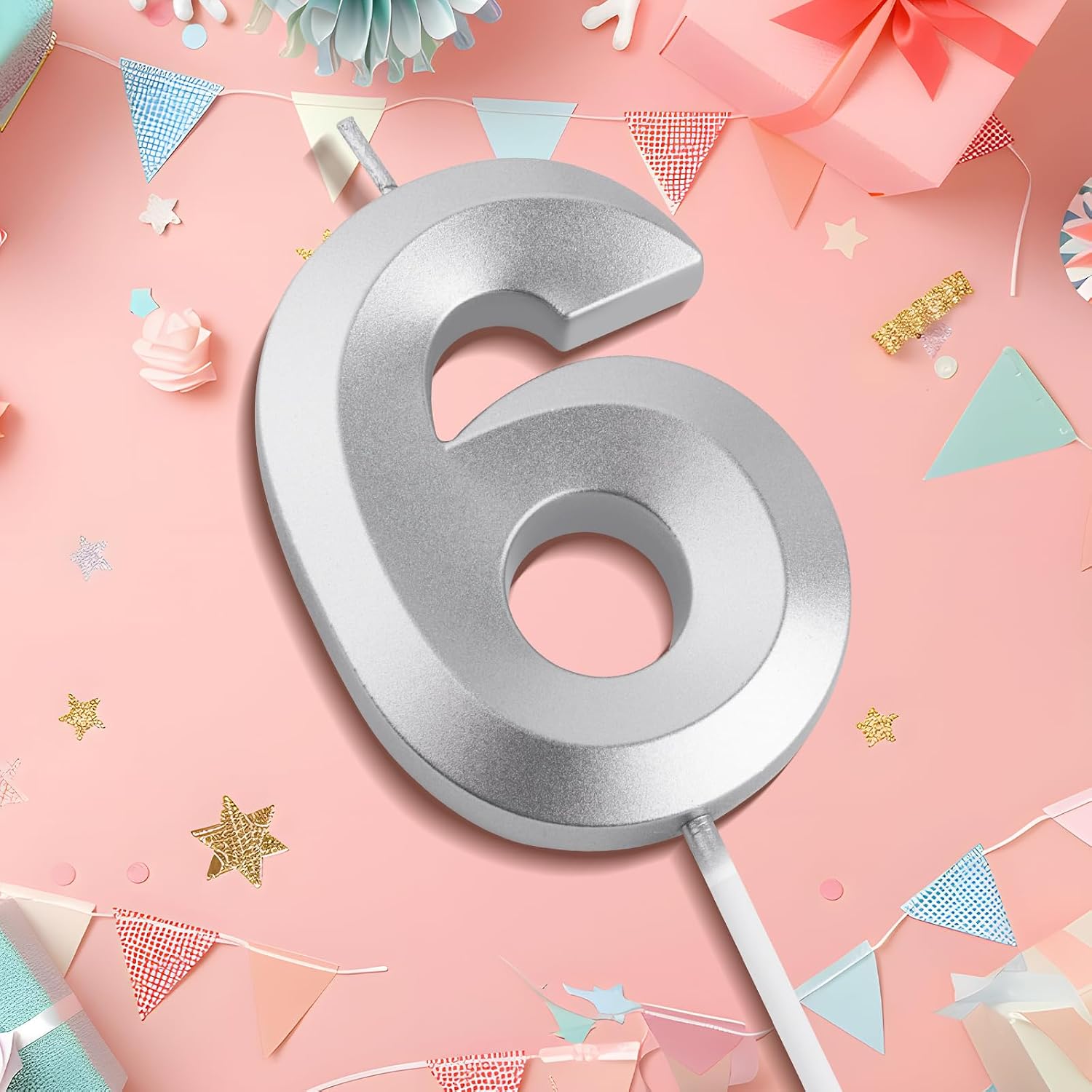 BEAN LIEVE 2.76 Inch Silver Number Candle 6 - Elegant Diamond-Cut Number Birthday Candles,Birthday Cake Topper for Wedding, Anniversary, Birthday Party Decor