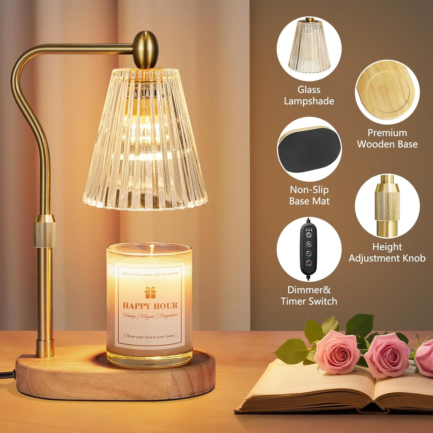 Imenlox Candle Warmer Lamp, with Timer and Dimmer, Adjustable Height, for Mom, Christmas Birthday Gifts for Women, House Warming Gifts Home Decor, Wax Warmer for Jar Candles(Amber)