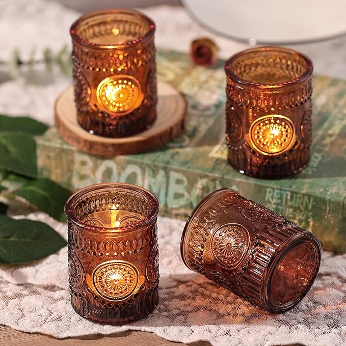DARJEN Amber Votive Candle Holders Set of 36- Glass Candle Holders Bulk for Flameless LED Tea Waxes, Vintage Candle Holder for Wedding & Home Table Decor, Vintage Parties