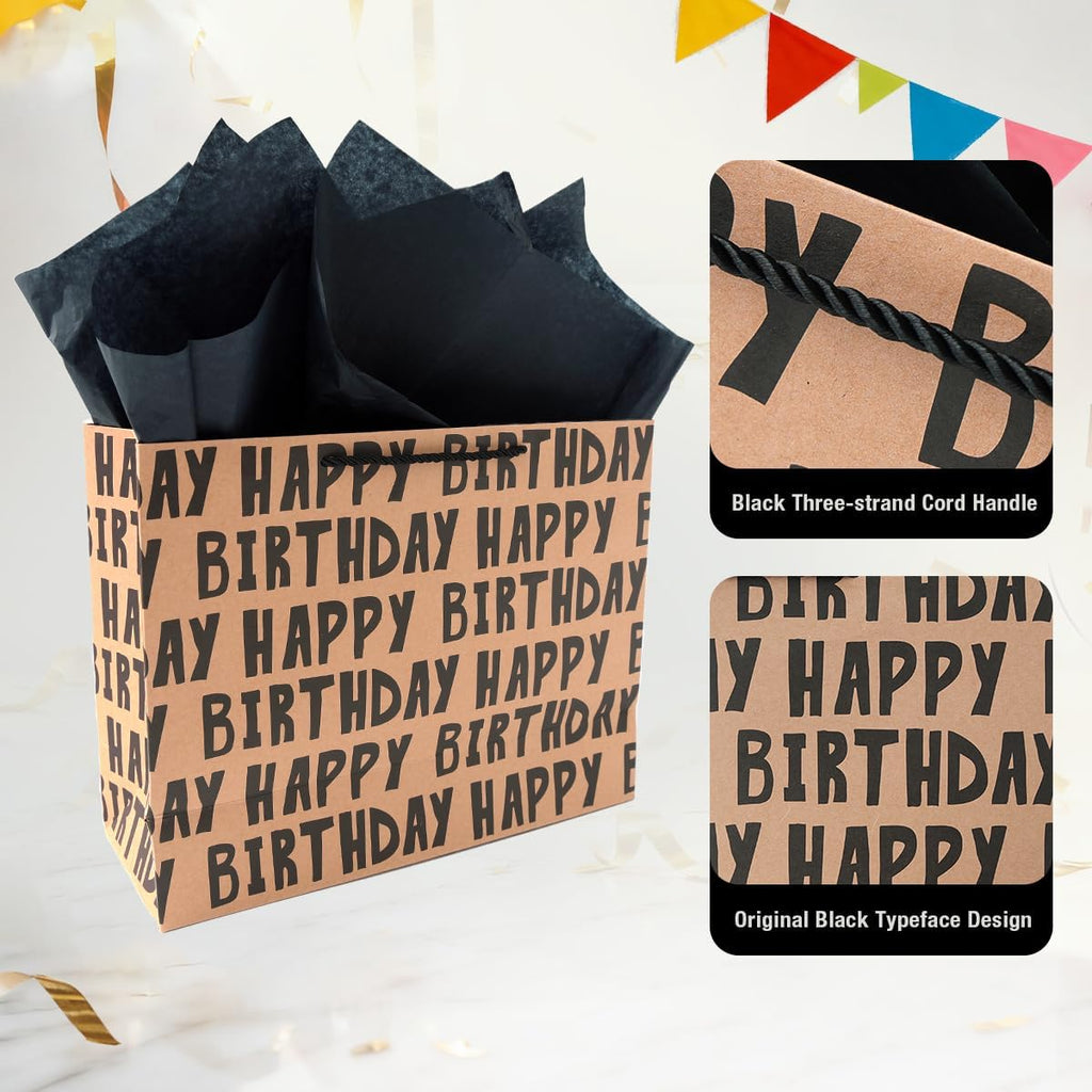 JAYTEM Birthday Gift Bag, Kraft Paper Large Gift Bag, Classic Black Lettering Design Happy Birthday Bag Set with Greeting Card, Tag, Envelope & Tissue Paper for Men, Boys, Kid