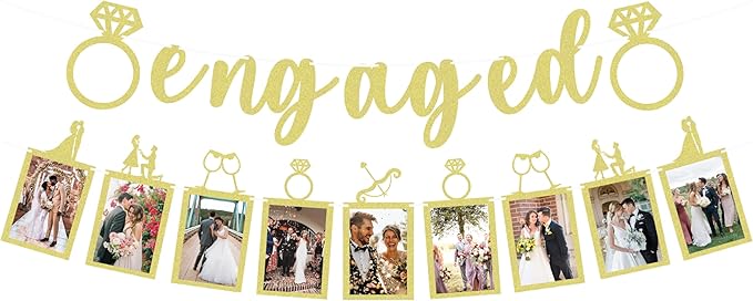 Pre-Strung Engaged Photo Banner - Gold Glitter Engagement Party Decoration Supplies with Romantic Memories Picture Card Frames for Bachelorette, Bridal Shower, Wedding Party Photo Booth Props