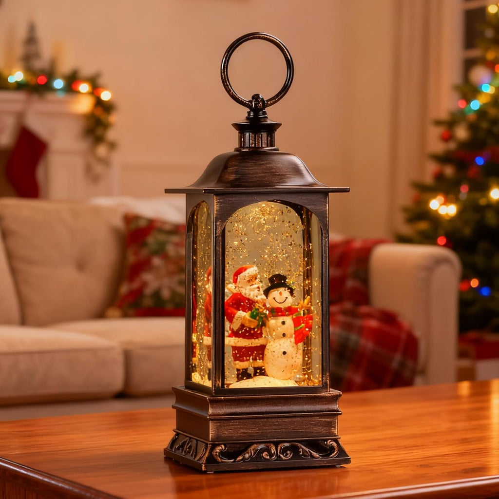 Christmas Snow Globe Lantern, Musical Snow Globe with Swirling Glitter, Battery Powered, Christmas Decorations Indoor for Home - Santa and Snowman