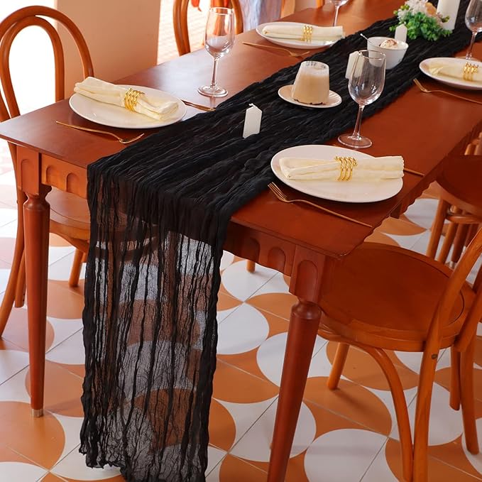 Snowkingdom 6PCS 13 Ft Black Cheesecloth Table Runner, 160 inch Long Cheese Cloth Boho Gauze Runners for Wedding Bridal Baby Shower Birthday Holiday Party Halloween Table Decorations