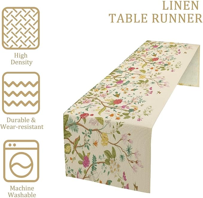 Floral Table Runner, Vintage Birds Wildflowers Herbs Nature Theme Linen Long Table Kitchen Dining Table Holiday Party Decorative Table Runner,13in（33cm） W * 60in（152cm） L