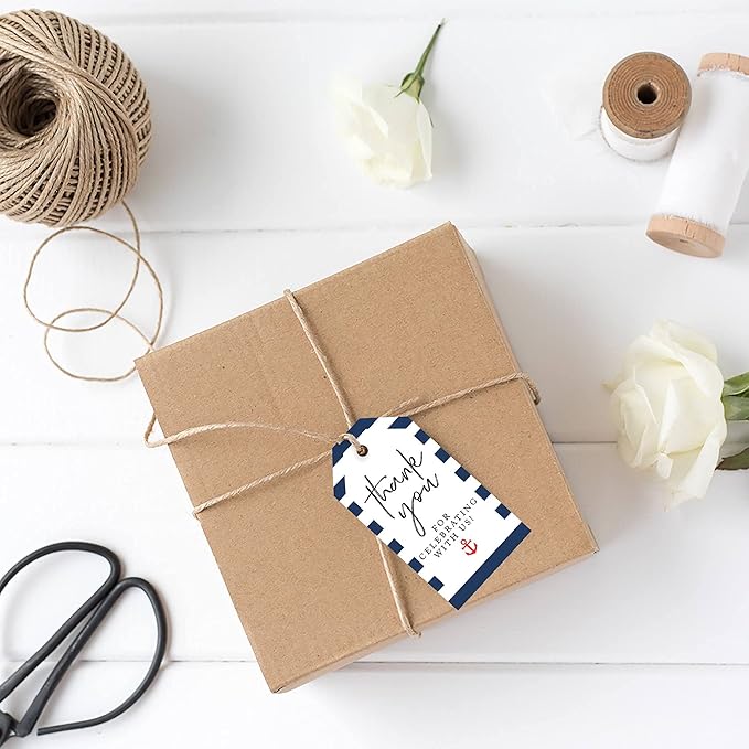 Andaz Press 100-Pack Thank You for Celebrating with Us Favor Tags Nautical Beach Cardstock Gift Tags with Bakers Twine for Wedding Baby Shower Bridal Shower Birthday Party Favors 2 x 3.75-Inches