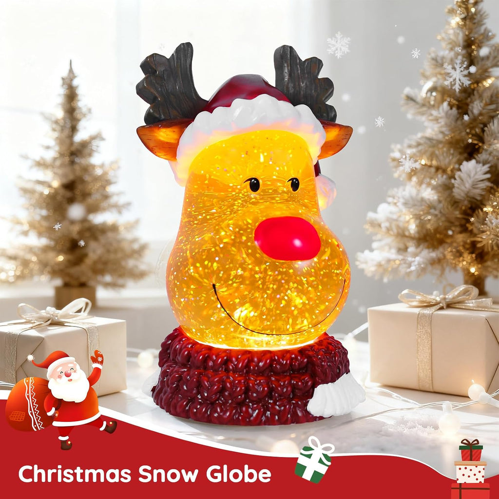 Christmas Snow Globe Reindeer Lighted Musical Glitter Globe Battery Operated or USB Powered with Timer Water Glittering Snowing Globe for Christmas Party Home Table Decorations Gifts (Reindeer)