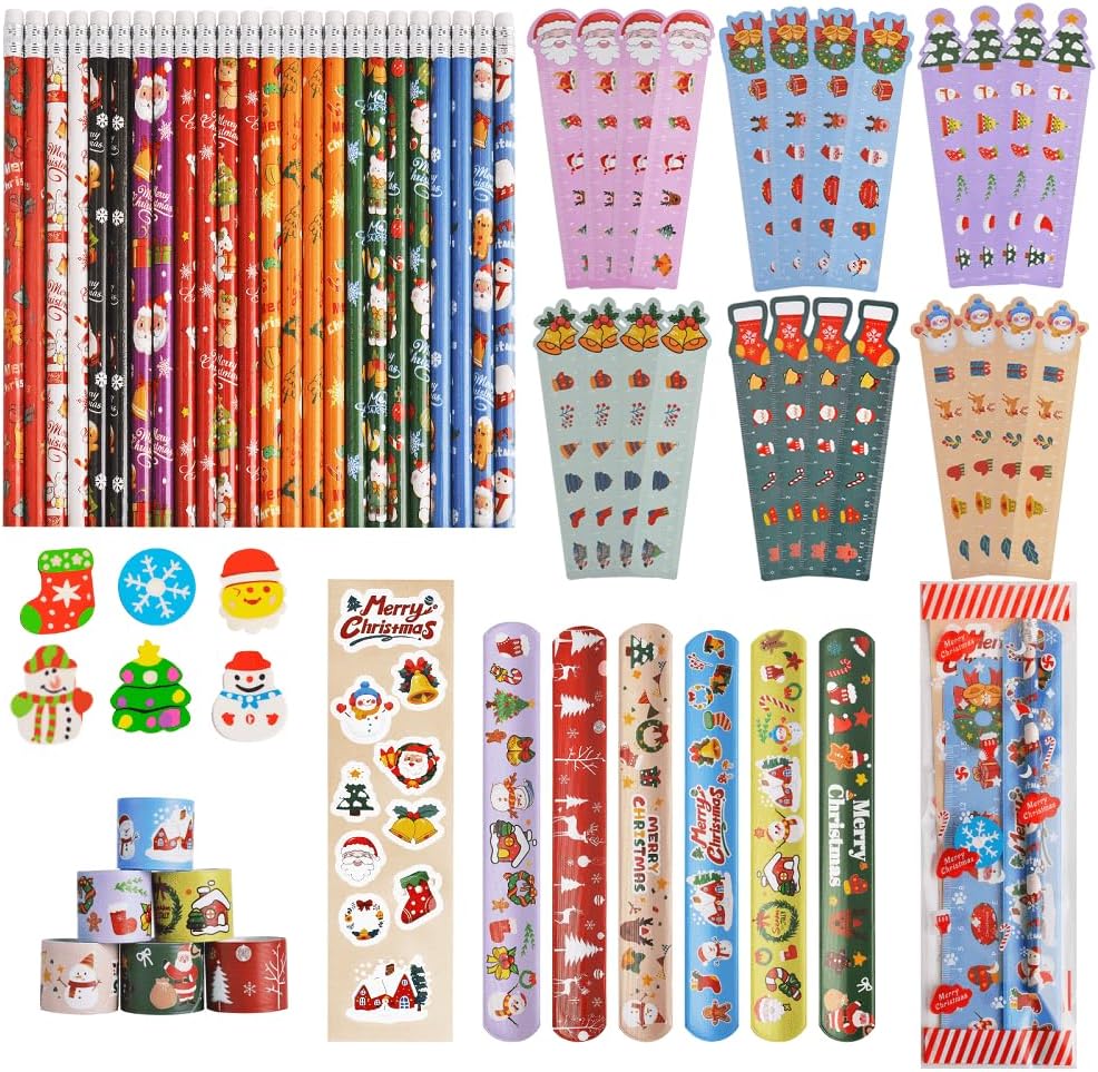 Christmas Party Favors 24 Pack Stationery Set Bulk Goodie Bag Suffers Class Gifts Classroom School Holiday Treat for Students Stockings Pencils Rulers Erasers Stickers slap bracelets