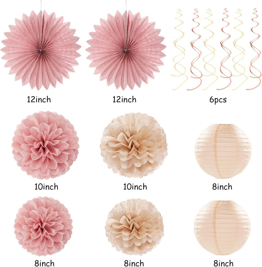 Blush-Pink Champagne Beige Happy-Birthday Party-Decorations - 31pcs 15th Women Girls Paper Lanterns Streamers Banner,Rose Gold Tissue Flowers Pom Poms Fans Tassels Graland Decor Supplies Hugmoon